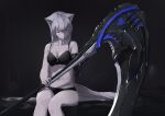 1girl animal_ears bangs black_background breasts grey_hair hair_between_eyes hands_up highres holding holding_weapon long_hair looking_at_object mechanical_arm medium_breasts mikisai navel original panties prosthesis purple_eyes scythe sidelocks simple_background solo thighhighs underwear weapon 