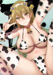  1girl animal_ears animal_print bangs bare_shoulders bell bell_choker bikini blurry breasts brown_eyes cameltoe choker cleavage covered_nipples cow_ears cow_horns cow_print cowbell detached_sleeves ear_tag eyebrows_visible_through_hair fake_animal_ears fake_horns furrowed_eyebrows hair_between_eyes hand_up highres horns jewelry knees_up light_brown_hair long_hair micro_bikini navel nervous_smile outstretched_arm ring self_shot shiny shiny_hair skindentation solo spread_legs string_bikini swimsuit tenjouin_asuka thighhighs thighs underboob v yu-gi-oh! yu-gi-oh!_gx yuzuriha_(active_homing) 
