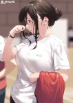  1girl artist_name aya_(jonsun) black_hair blurry blurry_background blush breasts commentary from_side hair_between_eyes hair_bun jonsun large_breasts original parted_lips red_vest shirt short_hair short_sleeves solo_focus t-shirt twitter_username vest vest_removed white_shirt wristband yellow_eyes 