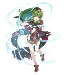  1girl bangs belt bracelet closed_mouth dress eyebrows_visible_through_hair fingernails fire_emblem fire_emblem:_mystery_of_the_emblem fire_emblem_heroes full_body fur_trim glowing gold_trim green_eyes green_hair highres jewelry leg_up long_hair looking_away official_art open_mouth ponytail shiny shiny_hair shiny_skin shoes short_dress sleeveless solo stone tiara tied_hair tiki_(fire_emblem) transparent_background 