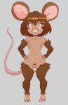  2021 animal_humanoid big_ears blush blush_stickers breasts brown_body brown_fur brown_hair buckteeth claws eyelashes female finger_claws fur genitals grey_background hair hand_on_hip humanoid looking_at_viewer mammal mammal_humanoid mouse_humanoid mouse_tail murid murid_humanoid murine murine_humanoid navel nerdbayne nude orange_eyes pubes pussy rodent rodent_humanoid short_hair simple_background small_breasts smile solo standing tan_body tan_skin teeth toe_claws whiskers 