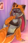  2021 absurd_res anthro bed breasts clothed clothing disney female fox_costume fur furniture grey_body grey_fur hi_res inside judy_hopps kigurumi lagomorph leporid light lighting looking_at_viewer mammal midriff on_bed one_eye_closed panties purple_eyes rabbit rin_tyan shaded solo tongue tongue_out underwear wink zootopia 