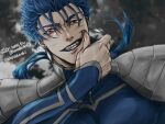 1boy armor blood blood_on_face blue_hair closed_mouth cu_chulainn_(fate)_(all) earrings fangs fate/stay_night fate_(series) grin highres jewelry lancer long_hair looking_at_viewer male_focus pauldrons ponytail red_eyes shoulder_armor slit_pupils smile solo spiked_hair twitter_username type-moon wiping_mouth yanaki_(ynyaan_3) 