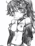  1girl bare_shoulders between_breasts blush breasts closed_mouth copyright_request cross cross_earrings earrings greyscale hair_between_eyes hair_ribbon head_tilt highres jacket jewelry looking_at_viewer medium_breasts mini_necktie monochrome nanashi_(nlo) navel necktie necktie_between_breasts nipples open_clothes open_jacket ponytail ribbon simple_background solo white_background 