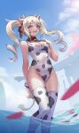  1girl :d absurdres animal_ears animal_print baiiya bangs barbara_(genshin_impact) bare_arms bare_shoulders bell bell_collar blonde_hair blue_eyes blue_sky bracelet breasts cleavage cleavage_cutout clothing_cutout collar covered_navel cow_ears cow_girl cow_horns cow_print cow_tail day eyebrows_visible_through_hair feet_out_of_frame genshin_impact groin hair_ribbon hand_on_own_chest highres horns jewelry kemonomimi_mode leotard long_hair looking_at_viewer medium_breasts open_mouth outdoors parted_bangs petals print_legwear print_leotard red_ribbon ribbon sky smile solo tail twintails wading water white_leotard 