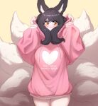  &lt;3 ahri_(lol) animal_humanoid baggy_clothing big_ears black_body black_fur black_hair blush canid canid_humanoid canine canine_humanoid clothing english_text engrish eyebrow_through_hair eyebrows facial_markings female fox_humanoid fur hair head_markings hi_res hoodie humanoid inner_ear_fluff league_of_legends long_hair looking_at_viewer mammal mammal_humanoid markings multi_tail raised_arms riot_games shadow simple_background solo standing text topwear translucent translucent_hair tuft video_games white_body white_fur yabby yellow_background yellow_eyes 