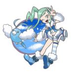  1girl black_eyes blue_footwear blue_legwear blue_shirt blue_shorts blue_sky boots closed_mouth cloud commentary_request earrings full_body fur-trimmed_footwear gen_3_pokemon green_eyes green_hair hair_ornament hairclip hand_up happy high_ponytail highres jewelry lisia_(pokemon) long_hair looking_to_the_side navel one_eye_closed open_mouth pokemon pokemon_(creature) pokemon_(game) pokemon_oras rorosuke shiny shiny_hair shirt short_shorts shorts showgirl_skirt sidelocks simple_background single_thighhigh sky sleeveless sleeveless_shirt smile sparkle standing star_(sky) stomach striped striped_legwear swablu thighhighs tied_hair w white_background 