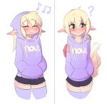  :3 ? ambiguous_gender blonde_hair bottomwear clothing comic duo elf english_text eyebrow_through_hair eyebrows eyes_closed fur girly green_eyes hair hand_on_arm hand_on_shoulder hands_in_pockets hoodie hoodie_(artist) humanoid humanoid_pointy_ears legwear long_hair male max_(hoodie) musical_note pockets shorts simple_background smile solo standing text text_on_clothing text_on_hoodie text_on_topwear thigh_highs topwear translucent translucent_hair white_background white_body white_skin yellow_body yellow_fur 