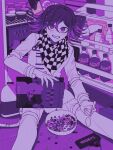  1boy ahoge bangs bong_(0u0bon) bowl box cereal cereal_box character_print checkered checkered_scarf danganronpa_(series) danganronpa_v3:_killing_harmony eyebrows_visible_through_hair fanta food grin highres holding holding_box holding_spoon indoors instrument long_sleeves looking_at_viewer male_focus messy_hair milk on_ground ouma_kokichi purple_eyes purple_hair purple_theme refrigerator scarf sitting smile solo spoon straitjacket symbol_commentary translation_request 