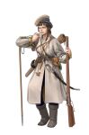  1girl absurdres bangs belt blunt_bangs boots breasts brown_eyes cleavage coat freckles full_body grey_coat grey_footwear gun hand_up hat highres jewelry knife long_sleeves necklace open_mouth original pipe scar simple_background solo standing sword wassnonnam weapon white_background 