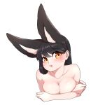  5_fingers ahri_(lol) animal_humanoid big_breasts big_ears black_body black_fur black_hair breasts bust_portrait canid canid_humanoid canine canine_humanoid cleavage clothed clothing crossed_arms eyebrow_through_hair eyebrows facial_markings female fingers fox_humanoid fur hair head_markings hi_res humanoid inner_ear_fluff league_of_legends long_hair looking_side mammal mammal_humanoid markings multi_ear nude open_mouth portrait riot_games simple_background solo teeth translucent translucent_hair tuft video_games white_background white_body white_skin yabby yellow_eyes 