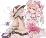  2girls ascot back_bow bangs black_headwear blonde_hair blush bow collared_shirt crystal eyeball eyebrows_visible_through_hair flandre_scarlet floral_print frilled_shirt frilled_shirt_collar frilled_skirt frilled_sleeves frills green_eyes green_hair green_skirt hat hat_ribbon heart heart_in_eye heart_of_string komeiji_koishi long_sleeves mob_cap multiple_girls one_side_up open_mouth puffy_short_sleeves puffy_sleeves red_bow red_eyes red_ribbon red_skirt red_vest ribbon shirt short_hair short_sleeves skirt sorani_(kaeru0768) sweatdrop symbol_in_eye third_eye touhou v-shaped_eyebrows vest wavy_hair white_background white_bow white_shirt wide_sleeves wings yellow_ascot yellow_ribbon yellow_shirt yuri 