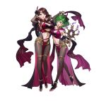  2girls absurdres arm_up bangs bodysuit breasts brown_hair cleavage closed_mouth commentary_request dorothea_arnault earrings ekao feathers fingernails fire_emblem fire_emblem:_genealogy_of_the_holy_war fire_emblem:_three_houses fire_emblem_heroes full_body gradient gradient_clothes green_eyes green_hair hair_ornament hands_up highres holding jewelry large_breasts lene_(fire_emblem) lips loincloth long_hair looking_at_viewer midriff multiple_girls nail_polish navel official_art open_mouth open_toe_shoes pelvic_curtain revealing_clothes shiny shiny_clothes shiny_hair simple_background skin_tight smile standing tiara tied_hair toes white_background 