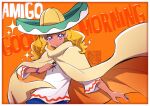  1girl amamiya_erena artist_request blonde_hair dark_skin dark_skinned_female denim denim_shorts english_text eyelashes good_morning happy hat long_hair long_sleeves looking_at_viewer mexico orange_background poncho precure purple_eyes shirt shorts sketch smile solo sombrero source_request standing star_twinkle_precure 