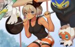  1girl bangs barbell bare_arms bea_(pokemon) black_bodysuit blue_eyes bodysuit bodysuit_under_clothes bow_hairband breasts clobbopus closed_mouth commentary_request eyelashes gen_8_pokemon grapploct grey_hair hairband holding indoors katwo pokemon pokemon_(creature) pokemon_(game) pokemon_swsh print_shorts shiny shiny_hair short_hair shorts side_slit side_slit_shorts sirfetch&#039;d smile squatting weightlifting 
