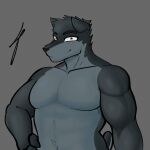  abs absurd_res amber_eyes anthro canid canine canis countershading digital_media_(artwork) eye_moisturizer eyebrows fur goon_(goonie_san) grey_body grey_fur hi_res looking_at_viewer male mammal muscular muscular_anthro muscular_male navel nude pecs simple_background solo thick_eyebrows wolf 