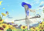  1girl animal_ears bangs blonde_hair blue_ribbon breasts bug butterfly cloud day flower hat highres holding insect long_hair medium_breasts mikisai open_mouth original red_eyes ribbon scenery sidelocks skirt sky solo sunflower white_legwear 