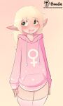  blonde_hair clothed clothing elf eyebrow_through_hair eyebrows female gender_symbol green_eyes hair hi_res hoodie hoodie_(artist) humanoid humanoid_pointy_ears legwear long_hair looking_aside male_(lore) max_(hoodie) off_shoulder open_mouth pink_background simple_background solo standing symbol text thigh_highs topwear translucent translucent_hair url white_body white_skin ♀ 
