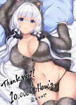  1girl alternate_costume azur_lane black_panties breasts cleavage highres illustrious_(azur_lane) large_breasts long_hair looking_at_viewer lying mamizu milestone_celebration nightgown on_back on_bed panties pillow solo thank_you thighhighs underwear white_hair 