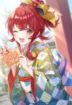  1girl ;d ahoge blurry blurry_background checkered checkered_kimono commentary_request day ema flower hair_flower hair_ornament hair_ribbon hairclip highres idolmaster idolmaster_shiny_colors iku2727 japanese_clothes kimono komiya_kaho long_hair looking_at_viewer obi one_eye_closed open_mouth outdoors ponytail red_eyes red_hair ribbon sash short_hair_with_long_locks smile solo translation_request wide_sleeves 