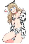  1girl 2021 animal_ears animal_print bangs bare_legs bare_shoulders bell bell_collar bikini bikini_pull bikini_top black_hairband blue_eyes blunt_bangs blush breasts cardigan chinese_zodiac collar cow_ears cow_girl cow_horns cow_print cowbell cowboy_shot cropped_legs dated fake_animal_ears fake_horns grin hairband head_tilt heart horns light_brown_hair long_hair looking_at_viewer medium_breasts mewkledreamy midriff navel nipples off-shoulder_sweater off_shoulder one_breast_out open_cardigan open_clothes pulled_by_self red_collar short_shorts shorts simple_background smile solo speech_bubble spoken_heart stomach sweater swimsuit tsukishima_maira underboob white_background year_of_the_ox yoban 