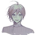  1boy :d ahoge bangs blush danganronpa_(series) danganronpa_v3:_killing_harmony greyscale hair_between_eyes looking_at_viewer male_focus monochrome open_mouth raonal97 saihara_shuuichi shiny shiny_hair short_hair simple_background smile solo sweater upper_body upper_teeth white_background 