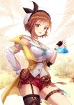  1girl atelier_(series) atelier_ryza atelier_ryza_2 beret black_legwear bottle braid breasts brown_eyes brown_hair cleavage commentary_request french_braid hair_ornament hand_on_hip hat holding holding_bottle leg_belt looking_at_viewer medium_breasts open_mouth red_shorts reisalin_stout short_hair short_shorts shorts single_thighhigh solo thighhighs white_headwear yumizya 