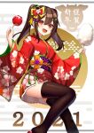  1girl 2021 :d black_hair black_legwear bow candy_apple chinese_zodiac egasumi fang floral_print food hair_bow japanese_clothes kimono making-of_available new_year obi open_mouth original red_bow red_eyes red_kimono sash sidelocks smile tasuku_(user_fkzv3343) thighhighs twintails wide_sleeves year_of_the_ox yellow_bow 