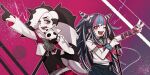  1boy 1girl bangs belt black_hair black_nails black_skirt blue_hair blush cropped_jacket crossover danganronpa_(series) danganronpa_2:_goodbye_despair ear_piercing eyeshadow fang green_eyes gym_leader hair_horns highres holding holding_microphone jacket jewelry long_hair looking_at_viewer makeup microphone microphone_stand mioda_ibuki multicolored_hair necklace one_eye_closed open_mouth piercing piers_(pokemon) pink_background pink_eyes pink_hair pleated_skirt pointing pointing_up pokemon pokemon_(game) pokemon_swsh raonal97 school_uniform serafuku short_sleeves skirt skull smile symbol_commentary tongue tongue_out trait_connection two-tone_hair v white_hair white_jacket 