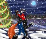  absurd_res anthro blue_hair canid canine christmas christmas_tree city duo eye_contact female fox fur giant_panda hair hi_res holding_butt holidays hug lights long_tail looking_at_another love male male/female mammal moon night owen_dalmation peach_panda plant red_body red_fur redrick snow tree ursid 