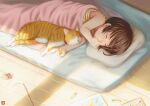  1girl blush brown_hair cat child closed_eyes covering_mouth crayon june_mina original paper pillow shadow short_hair sleeping solo under_covers 
