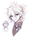  1boy 1girl bangs black_bow bow bowtie collared_shirt danganronpa_(series) danganronpa_2:_goodbye_despair dress face hair_between_eyes jacket komaeda_nagito looking_at_viewer messy_hair monochrome nanami_chiaki official_alternate_costume raonal97 shirt short_hair simple_background sketch smile white_background white_bow white_hair 