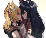  2girls animal_ear_fluff animal_ears arknights bandaid bandaid_on_face bandaid_on_nose black_capelet black_gloves black_hair blonde_hair brown_eyes capelet closed_mouth eye_contact fingerless_gloves from_side gloves gomiyama hand_on_another&#039;s_cheek hand_on_another&#039;s_face highres injury long_sleeves looking_at_another multicolored_hair multiple_girls parted_lips profile red_eyes red_hair simple_background sketch sora_(arknights) texas_(arknights) twintails two-tone_hair upper_body white_background wolf_ears wolf_girl 
