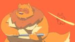  2021 anthro belly brown_body brown_fur canid canine duo fffftony fur hi_res kemono male mammal moobs nipples orange_body orange_fur overweight overweight_male raccoon_dog simple_background tanuki weapon 