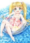  1girl :d bangs bare_arms bare_shoulders barefoot blonde_hair blush collarbone commentary_request eyebrows_visible_through_hair full_body glint green_eyes highres idolmaster idolmaster_cinderella_girls idolmaster_cinderella_girls_starlight_stage innertube long_hair looking_at_viewer mary_cochran one-piece_swimsuit open_mouth pink_swimsuit regular_mow smile solo swimsuit transparent twintails very_long_hair water 