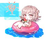  1girl alternate_costume anklet bangs barefoot bikini blush breasts brown_eyes brown_jacket character_doll chibi cleavage collarbone danganronpa_(series) danganronpa_2:_goodbye_despair double_bun eyebrows_visible_through_hair eyewear_on_head flipped_hair food hair_ornament hairclip hinata_hajime holding holding_food innertube jacket jewelry light_brown_hair looking_at_viewer medium_hair nanami_chiaki open_mouth popsicle raonal97 solo sunglasses swimsuit tagme water watermelon_bar 