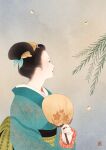  1girl aqua_kimono black_hair bug fan fireflies holding holding_fan insect japanese_clothes june_mina kimono leaf long_sleeves nihongami obi original profile sash solo upper_body 