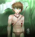  arrow bone bottomwear bow bow_(weapon) clothing ear_piercing ear_ring elf forest forest_background herrmoki humanoid humanoid_pointy_ears loincloth male mammal nature nature_background nipples not_furry open_mouth piercing plant ranged_weapon skeleton solo tattoo tree weapon 