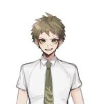  1boy :d ahoge bangs brown_hair collared_shirt commentary_request danganronpa_(series) danganronpa_2:_goodbye_despair green_eyes green_neckwear hinata_hajime looking_at_viewer male_focus necktie open_mouth raonal97 shirt short_hair short_sleeves simple_background smile solo striped upper_body white_background white_shirt 