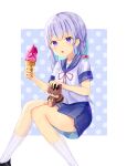  1girl :o absurdres bangs blush breasts eyebrows_visible_through_hair food hands_up highres holding holding_food ice_cream kneehighs looking_at_viewer medium_hair open_mouth original purple_eyes purple_hair red_ribbon ribbon school_uniform serafuku sidelocks simple_background sinobi_illust small_breasts solo squirrel thighs white_background 