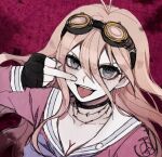  1girl :d ahoge antenna_hair black_gloves blonde_hair blue_eyes breasts choker cleavage collarbone commentary_request danganronpa_(series) danganronpa_v3:_killing_harmony fingerless_gloves gloves goggles goggles_on_head gradient gradient_background hair_between_eyes hair_ornament iruma_miu large_breasts long_hair looking_at_viewer middle_finger open_mouth pink_background pink_shirt raonal97 school_uniform shirt smile solo tongue tongue_out upper_body upper_teeth 
