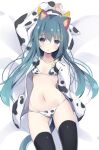  1girl animal_ear_fluff animal_ears animal_print arm_up ass_visible_through_thighs bangs bed_sheet bikini black_legwear blue_eyes blue_hair blush breasts cat_ears cat_girl cat_tail chinese_zodiac cow_ears cow_horns cow_print eyebrows_visible_through_hair fake_animal_ears fake_horns groin hair_between_eyes hood hood_up hooded_jacket horns jacket kyuukon_(qkonsan) long_hair long_sleeves looking_at_viewer lying medium_breasts navel on_back original parted_lips print_bikini print_jacket sleeves_past_wrists solo swimsuit tail thighhighs very_long_hair white_bikini white_jacket year_of_the_ox 