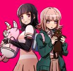  2girls akudama_drive animal backpack bag bangs black_cat black_gloves black_hair blunt_bangs brown_skirt cat collared_shirt cowboy_shot danganronpa_(series) danganronpa_2:_goodbye_despair dress eyebrows_visible_through_hair flipped_hair from_side gloves hair_ornament holding holding_animal holding_cat hood hood_down jacket medium_hair monomi_(danganronpa) multiple_girls nanami_chiaki neck_ribbon open_clothes open_jacket pink_background pink_eyes pink_ribbon pleated_skirt qosic ribbon shirt short_sleeves simple_background skirt sweatdrop swindler_(akudama_drive) upper_teeth 