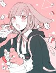  1girl backpack bag bangs black_jacket black_shirt blush candy cat_bag collared_shirt danganronpa_(series) danganronpa_2:_goodbye_despair eyebrows_visible_through_hair food gummy_bear hair_ornament holding holding_candy holding_food hood jacket long_sleeves looking_at_viewer medium_hair monokuma monomi_(danganronpa) nanami_chiaki neck_ribbon open_clothes open_jacket open_mouth pink_background pink_eyes pink_ribbon raonal97 ribbon shirt smile symbol_commentary two-tone_shirt upper_body upper_teeth 