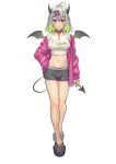  1girl ahoge bare_legs black_choker black_shorts bow breasts choker crop_top demon_girl demon_horns demon_tail demon_wings full_body grey_hair hair_bow hand_on_hip highres horns jacket large_breasts long_sleeves looking_at_viewer midriff multicolored_hair navel off_shoulder open_clothes open_jacket original pink_jacket purple_eyes shirt short_hair short_shorts shorts simple_background slippers smile solo standing stomach tail thighs two-tone_hair white_background white_shirt wings yoruhachi 