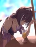  1girl ahedtra animal_ear_fluff animal_ears bangs bare_shoulders bikini blue_bikini blurry blurry_background bow breasts brown_hair cat_ears cup downblouse drinking drinking_glass drinking_straw drinking_straw_in_mouth green_eyes hair_bow hand_up highres jacket karyl_(princess_connect!) leaning_forward long_hair low_twintails multicolored_hair navel nipple_slip nipples open_clothes open_jacket princess_connect! princess_connect!_re:dive purple_jacket red_bow short_sleeves small_breasts solo streaked_hair swimsuit table twintails white_hair 