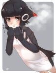  1girl adelie_penguin_(kemono_friends) black_hair black_sweater blush breath commentary_request cowboy_shot dress eyebrows_visible_through_hair headphones highres kemono_friends kemono_friends_3 long_sleeves multicolored_hair orange_eyes red_hair short_hair solo sweater sweater_dress thin_(suzuneya) two-tone_sweater white_sweater 