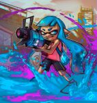  1girl aqua_eyes aqua_hair artist_name bangs bike_shorts black_shorts blunt_bangs chromatic_aberration commentary dated domino_mask english_commentary erin_liona fangs full_body furrowed_eyebrows grin holding holding_weapon ink_tank_(splatoon) inkling legs_apart long_hair looking_away looking_to_the_side mask nintendo outdoors paint paint_splatter pointy_ears red_shirt shirt short_hair shorts sideways_glance signature single_vertical_stripe sleeveless sleeveless_shirt smile solo splatoon_(series) splatoon_1 squid standing striped striped_shorts tentacle_hair v-shaped_eyebrows very_long_hair weapon weapon_request 