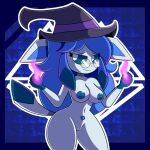  2021 absurd_res annyglaceon_(mintyspirit) anthro areola blue_areola blue_body blue_fur blue_hair blue_nipples blue_sclera breasts clothing costume digital_media_(artwork) eeveelution eyewear female fur genitals glaceon glasses hair halloween hat hat_only headgear headgear_only headwear headwear_only hi_res holidays magic magic_user mammal mintyspirit mostly_nude nintendo nipples nude pok&eacute;mon pok&eacute;mon_(species) pussy smile solo thick_thighs video_games white_eyes wide_hips witch witch_hat 