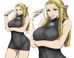  1girl arm_under_breasts black_clothes blonde_hair bow braid breasts brown_eyes crown_braid hair_bow kanzuki_karin large_breasts long_hair looking_at_viewer ojou-sama_pose pink_bow shibusun sidelocks skin_tight smile solo street_fighter v-shaped_eyebrows white_background zoom_layer 